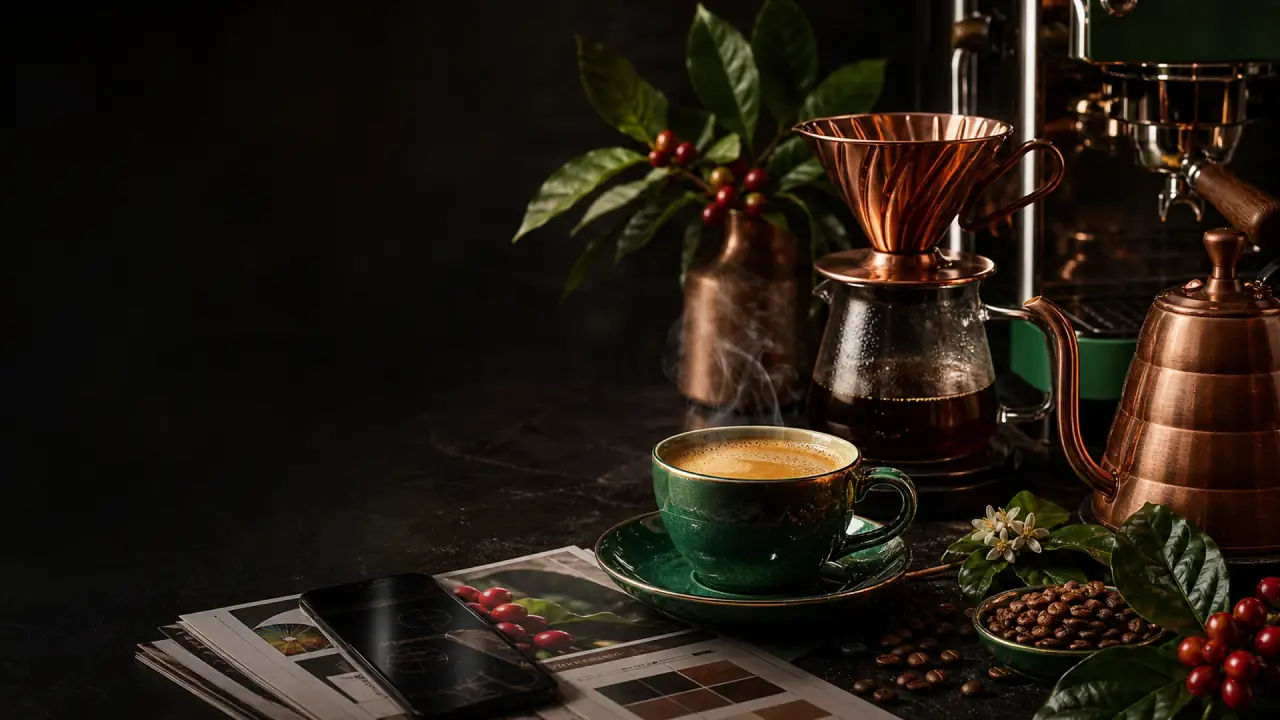 Coffee Corner homepage hero with coffee cup, beans, flowers, and magazine-style coffee scene