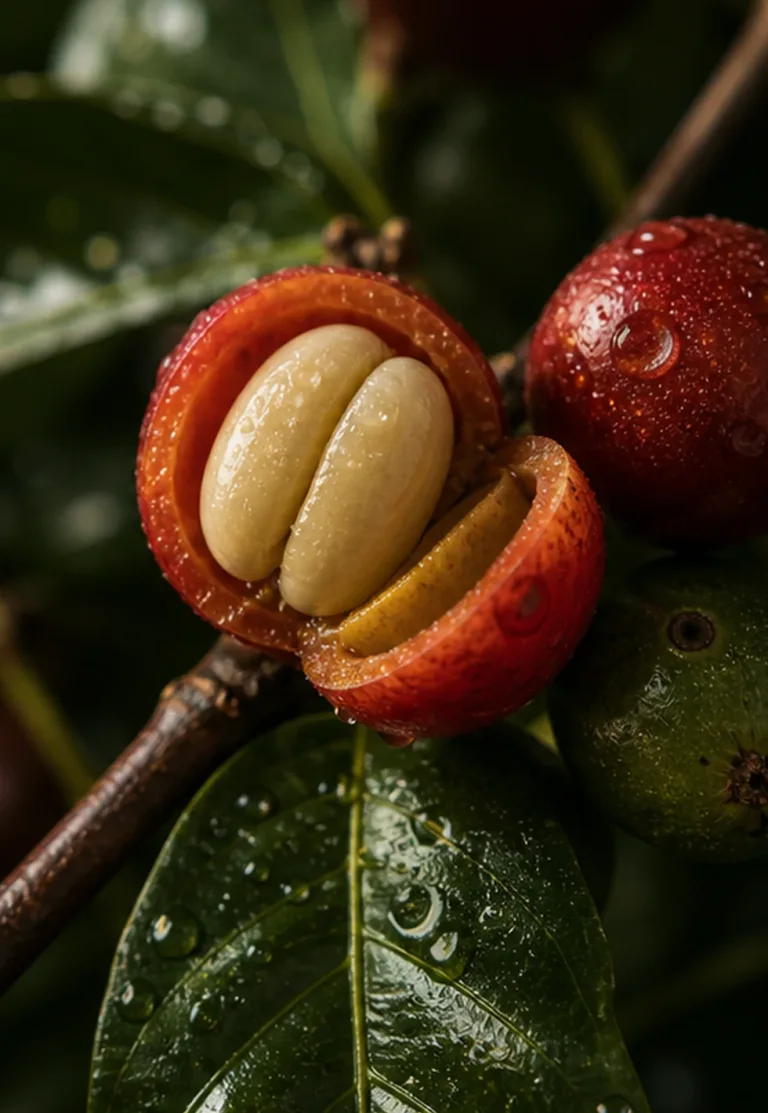 Coffee beans are seeds: Split red coffee cherry showing the pale seeds inside