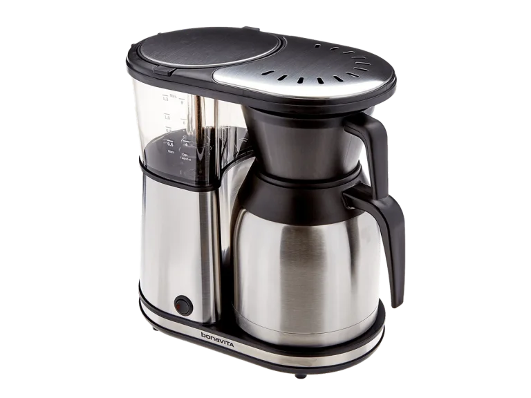 Bonavita BV1900TS, BV1900TS original stainless 8-cup brewer with basket resting on thermal carafe